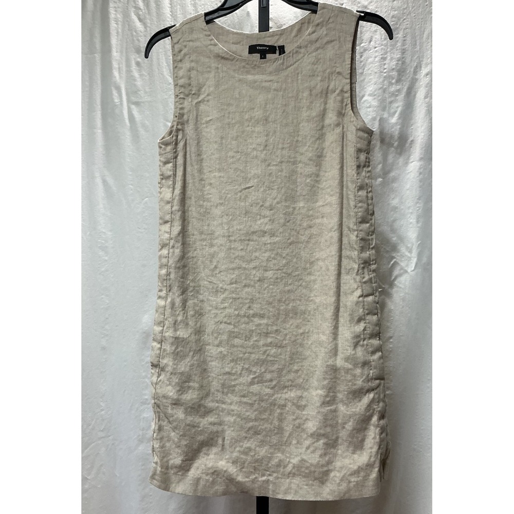 Theory Womens Size 0 100% Linen Shift Dress Beige Sleeveless Pockets Lined